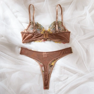 Detail of sheer mesh lingerie set with colorful floral embroidery and brown lace fabric