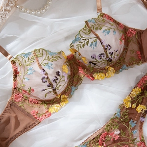 Close-up of floral embroidery on sheer mesh lingerie set with pearls decoration