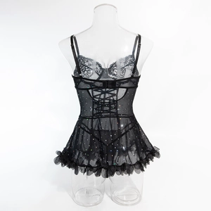 Close-up of black mesh lingerie with colorful sequins, lace embroidery and ruffles