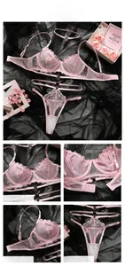 Détail d'un soutien-gorge en dentelle rose avec boucle en métal cœur et broderies