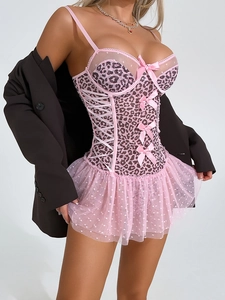 Robe Nuisette Sexy Rose Léopard en Maille Top And Bottom Ensemble Décoration Nœud Lacet Lingerie Nuit pour Fête