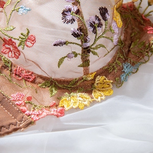 Detailed close-up of intricate floral embroidery on sheer brown mesh lace lingerie