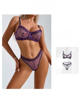 Detailed view of sexy purple leopard print lace lingerie set with underwire bra and thong