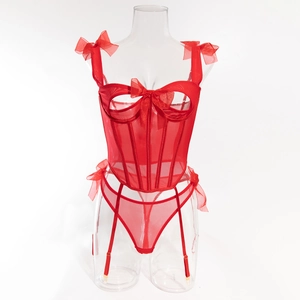 Detail of red mesh corset lingerie featuring bow straps, boning, and garter attachments