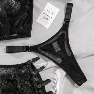 Detail of black lace lingerie set with mesh fabric texture and silver metal buckles