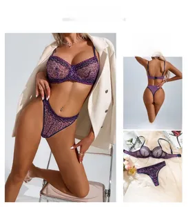 Detailed close-up of purple leopard print lace lingerie set with underwire bra and thong