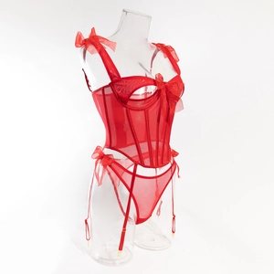 Detailed side view of red mesh corset lingerie set with bow straps and garter belts