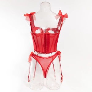 Detailed view of red mesh corset lingerie set with boning support and bow straps