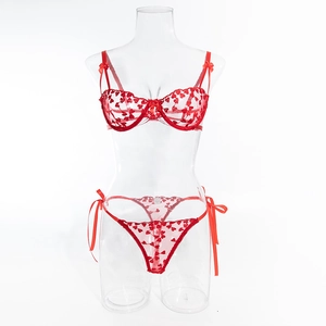 Dettaglio del ricamo a cuore rosso sul set di lingerie in pizzo trasparente con fiocchi