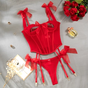 Detail of red mesh corset with bows, underwire cups, and matching garters on gray fabric