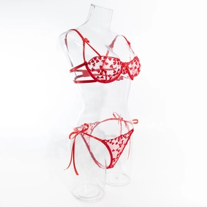 Dettaglio ricamo a cuore rosso su reggiseno in pizzo trasparente con fiocco di seta