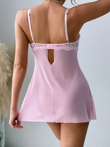 Pink mesh lace chemise sleepwear with adjustable straps and cutout back detail