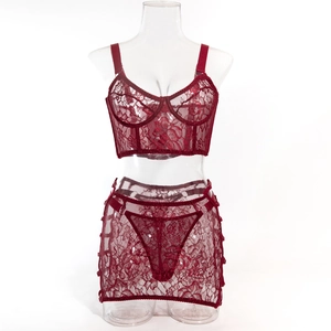 Detail of red floral lace lingerie set featuring delicate mesh patterns and side buckle accents