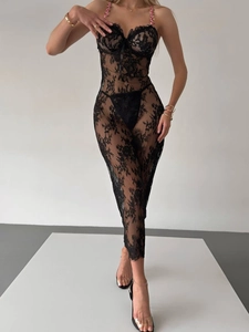 Sexy Lace Sheer Maxi Dress Floral Strap Underwire Lingerie Nightgown Dress And Thong Backless Slim Fit Nightwear For Women