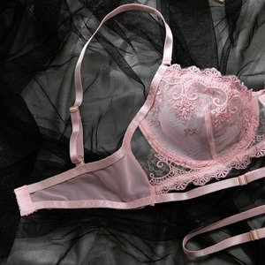 Détails de broderie florale rose pâle et maille transparente sur un soutien-gorge à armature