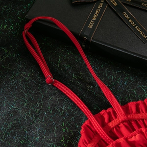 Detail of red lingerie with metallic buckle and pleated fabric on luxury gift box background