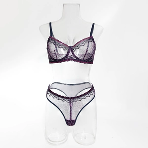 Detail of purple leopard print lace lingerie set with underwired mesh bra and thong