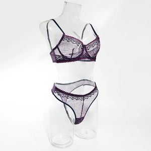 Close-up of purple leopard print lace lingerie set with underwire bra and thong details