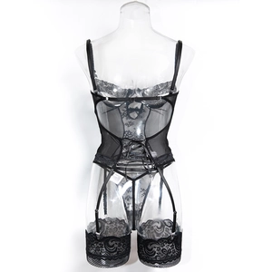 Detailed back view of black lace bodysuit featuring floral patterns and criss-cross straps