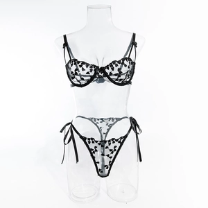 Dettaglio completo di lingerie in pizzo nero con ricamo su coppe trasparenti