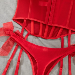 Detail of red lace mesh corset lingerie set with large organza bow and metallic hooks