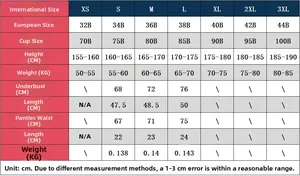 Detailed size chart for lace corset lingerie set including EU and international measurements