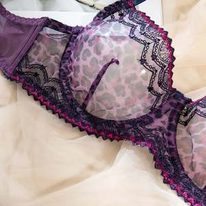 Detail of purple leopard print mesh bra with black lace embroidery and fuchsia edging