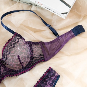 Detail of purple leopard print lace bra with sheer mesh and adjustable satin straps
