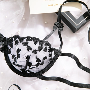Dettaglio reggiseno in pizzo nero con ricamo a cuore, fiocchi e texture velata