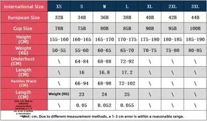 Detailed size guide for lace lingerie set including international and EU sizing charts