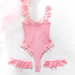 Pink lace bodysuit set with matching ruffled leg garters and sheer mesh detailing