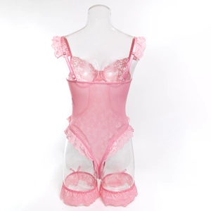 Detail of pink lace bodysuit with underwire cups and matching lace leg garters
