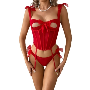 Sexy red mesh corset lingerie set with bow details, boning, and matching garter belt