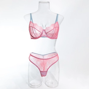 Detailed view of pink floral lace lingerie set with light blue straps on a mannequin