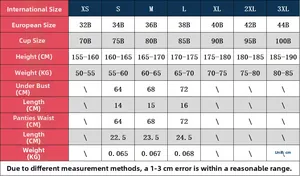 Detailed size guide for lace embroidery bra set with international and EU measurements