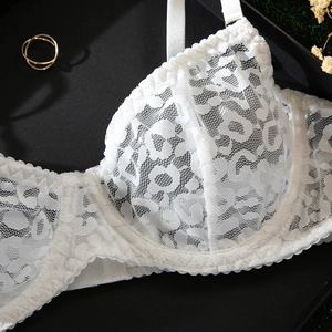 Detail of white leopard pattern lace bra with underwire and delicate mesh texture