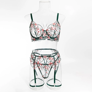 Detailed view of dark green floral embroidery on sheer mesh lingerie with fine stitching