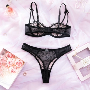 Detailed view of black floral lace lingerie set with underwire bra and matching thong