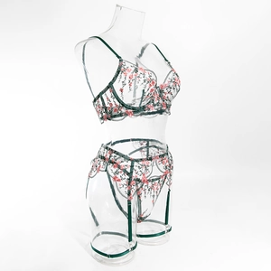 Detail of floral embroidery on sheer mesh lingerie set with lace underwire bra