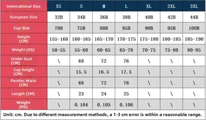 Detailed size chart for lace lingerie showing measurements from XS to 3XL in centimeters
