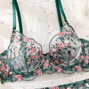 Detail of floral embroidery on sheer mesh lingerie set with underwire cups and satin straps