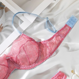 Close-up of pink lace bra featuring light blue adjustable straps and back closure details