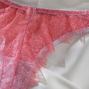 Detail of red eyelash lace underwear with blue elastic trim and floral mesh pattern