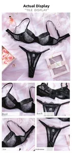 Detailansicht von schwarzem Spitzen-Lingerie-Set mit Bügel-BH und passendem Tanga