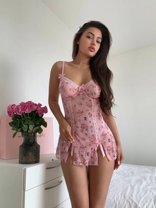 Sexy pink floral mesh slip dress with lace trim and bow accents for women