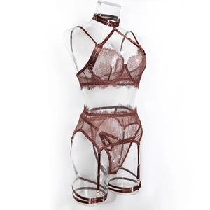 Close-up of dark brown eyelash lace lingerie set with underwire bra and leg garters