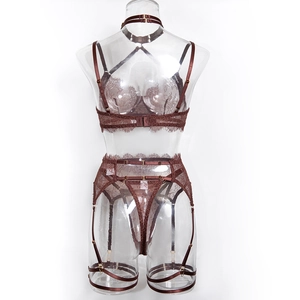 Detail of brown lace lingerie set showing underwire cups and satin ribbon textures