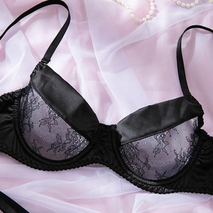 Detailansicht eines schwarzen Spitzen-BHs mit floralen Mustern auf Mesh-Hintergrund