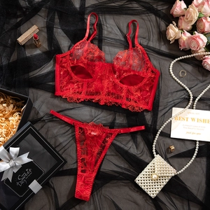 Flachbild von rotem Dessous-Set aus Spitze mit Bügel-BH und Blumenstickerei auf Netz