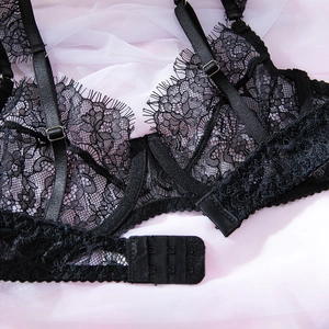 Dettaglio reggiseno in pizzo nero con bordi a ciglia e spalline regolabili